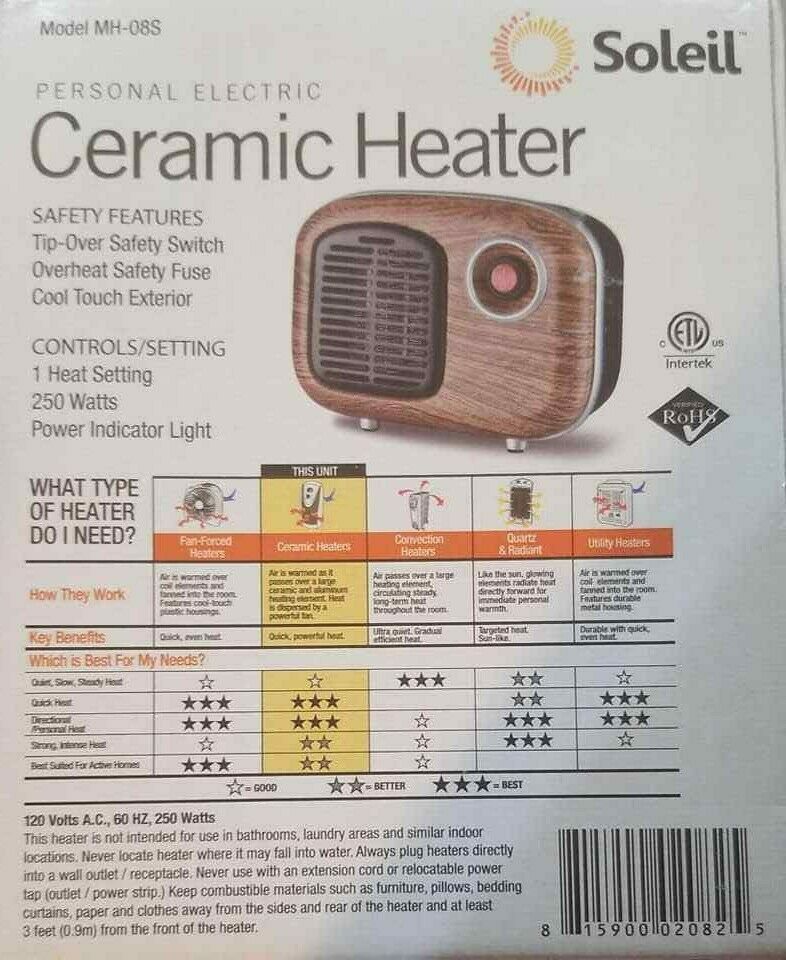 Personal Electric Ceramic Heater 250W/120V, 7" Length x 5.5 Tall x 4.5 Item image 2