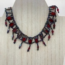 Renaissance Beaded Choker 13&quot; Necklace Iridescent Seed Beads Red Rectangle - £10.27 GBP