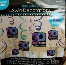 30th BIRTHDAY PARTY - FOIL SWIRL DECORATIONS - 12 PC SET - NEW in Package! - £7.00 GBP