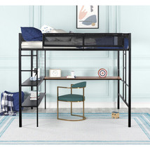 Metal Full Size Loft Bed with Desk &amp; Shelves/ Sturdy Metal Bed Frame - £259.84 GBP