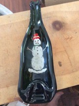 Slumped Wine Bottle Cheese Tray Spoon Rest Hand Painted Christmas Snowman! - £15.08 GBP