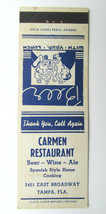 Carmen Restaurant - Tampa, Florida 20 Strike Matchbook Cover Matchcover Spanish - £1.59 GBP