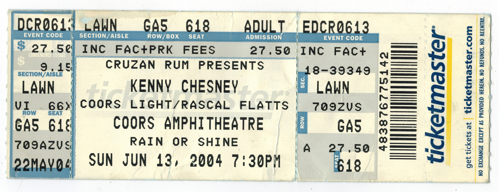 Kenny Chesney Coors Amp Ticket Stub From 2004 With Rascal Flatts Cruzan ... - $6.95