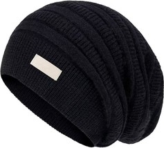 60% Cashmere Slouchy Beanie for Women, Knit Beanie Hat for Winter and Fall Black - £14.55 GBP