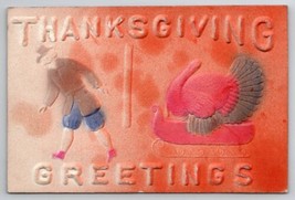 Thanksgiving Pilgrim Pulling Sled With Turkey Airbrushed Postcard S26 - £4.75 GBP
