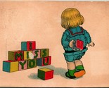 Vtg Postcard 1914 Comic - I Miss You Alphabet Block Spellout w Child XO - $8.87