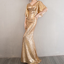 Golden Bat Sleeve Maxi Sequin Dresses Women Custom Plus Size Sequined Gowns image 2