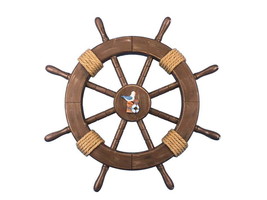 Rustic Wood Finish Decorative Ship Wheel with Seagull and Lifering 18&quot;&quot; - £50.25 GBP