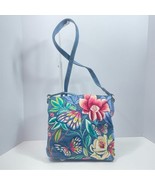 Chico’s Denim Butterfly &amp; Floral Crossbody Purse Leather Edges - $37.62