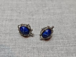 Vintage Silver Tone Oval Shape/Sapphire Costume Jewelry Stone Earrings - $9.99
