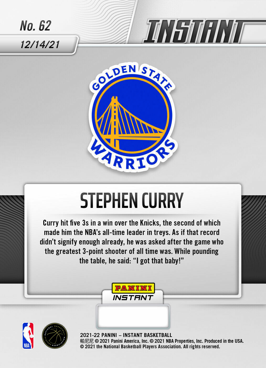 Primary image for 2021 PANINI INSTANT STEPHEN CURRY #62 ALL TIME 3 POINT LEADER CHRIS ROCK