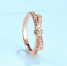 Rose Gold Plated Sparking Bow Ring with Clear Zirconia For Women - £13.58 GBP