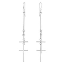 Sleek Double Cross Long Drop Sterling Silver Dangle Earrings - £13.84 GBP