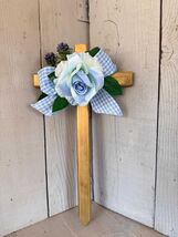 Gold Cemetery Cross with Blue Rose &amp; Gingham Ribbon - $22.00
