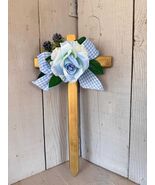 Gold Cemetery Cross with Blue Rose & Gingham Ribbon - $22.00