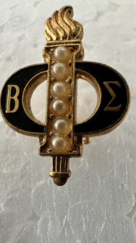 VTG Beta Sigma Phi Faux Pearl Torch Gold Tone Enamel Sorority Lapel Pin ... - $10.06