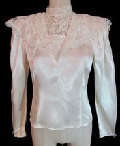 Gunne Sax Jessica McClintock Satin Victorian Blouse XS S Ivory Lace Collar 90s - £31.42 GBP