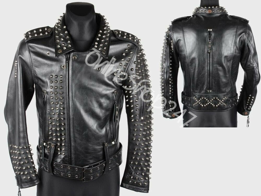 New Mens Unique Punk Full Heavy Metal Spiked Studded Zipper Biker Leather jacket - $329.99