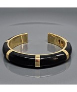 HERITAGE Black Lucite Panel Gold Tone Hinge Bracelet Luxurious Open Cuff - £19.53 GBP