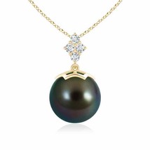 ANGARA Tahitian Pearl Pendant with Diamond Cluster in 14K Solid Gold - £1,377.76 GBP