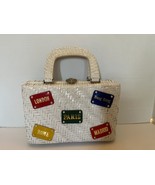 Vintage Mantessa White Wicker Purse Footed W/World Travel Motif Rome Lon... - $88.90 CAD