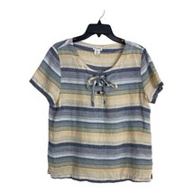 Artisan &amp; Ny Women Shirt Adult Size Large Blue Yellow Striped Short Sleeve Linen - £15.98 GBP
