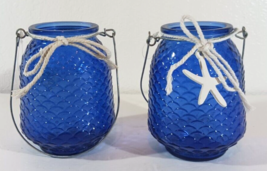 Set Of 2 Blue Glass Luminary Candle Holder Fish Scales With Handle 4 3/4&quot; - £10.95 GBP
