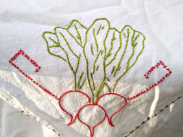 Vintage Hand Embroidered Radish Cotton Feed Sack Kitchen Large Dish Towel - $12.00