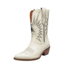 Western Cowboy Boots Women Mid-calf Chunky Wedges Boot Runway Fashion Embroidery - £130.20 GBP