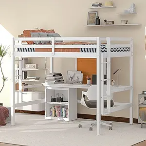 Full Size Loft Bed with Desk and Writing Board, Wooden Loft Bed with Des... - $704.99