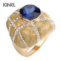 Unique Big Ring Dubai Fashion Gold Enamel Rings For Women Blue Glass Stone And W - £9.64 GBP