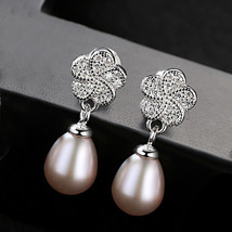 Small Flower Earrings S925 Silver Micro Inlaid 3A Zircon 8-9Mm Freshwater Pearl  - £23.18 GBP