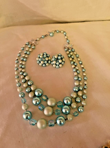 1960&#39;s MOD Blue Turquoise Bead 3 Row Necklace and Earrings Japan - £14.65 GBP