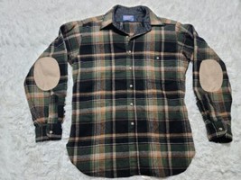Pendleton Trail Shirt Flannel M Green Wool Plaid Suede Elbow Patch Board Hole* - £23.49 GBP