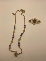 Avon Purple and Gold Necklace with Unsigned Gold Brooch with Purple Faux... - $14.85