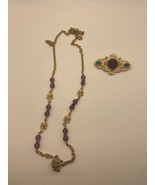 Avon Purple and Gold Necklace with Unsigned Gold Brooch with Purple Faux... - £11.68 GBP