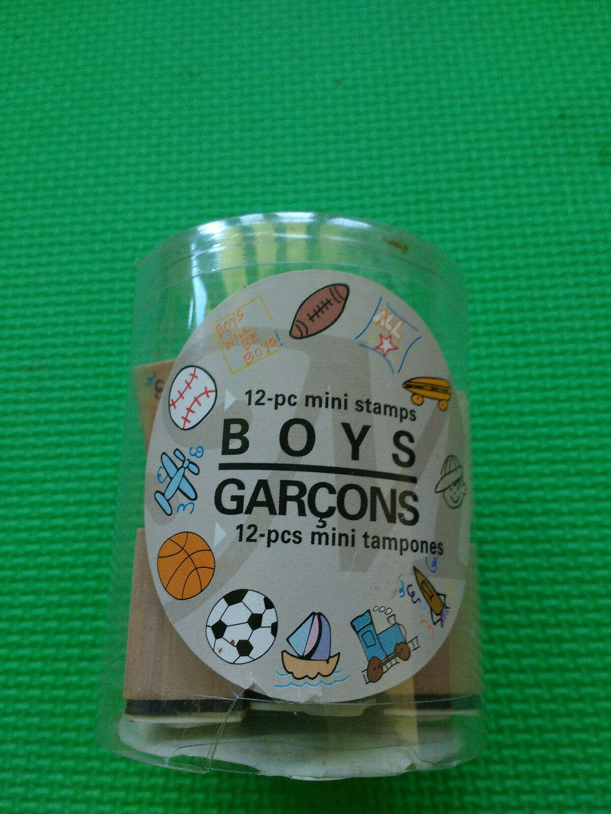 Rubber Stamp Wood Mounted -  Boys 12 pc Mini Stamps in Tub (Michaels Store) - £4.31 GBP