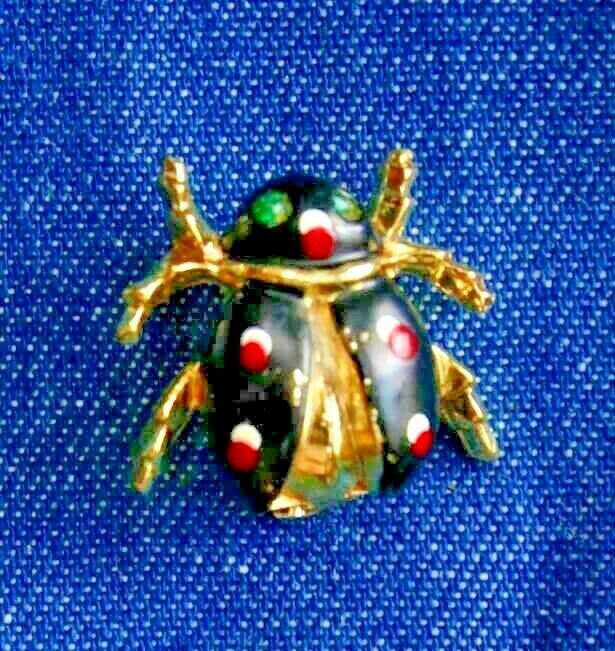 Primary image for Fabulous Black Enamel Spotted Bug Beetle Gold-tone Brooch 1960s vintage 1"