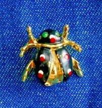 Fabulous Black Enamel Spotted Bug Beetle Gold-tone Brooch 1960s vintage 1&quot; - $12.30