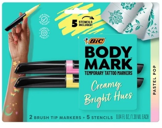 New BIC BodyMark Temporary Tattoo Markers, Pastel Pink & Yellow Ink, Pack of 2 - $19.90