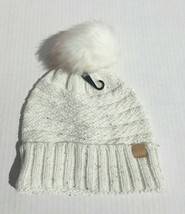 Winter Warm Ivory Knit Stretch Beanie Hat with Silver foiled faux fur Po... - £6.04 GBP