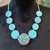 Womens Fashion Turquoise Magnesite Puff Coins Collar Necklace with Lobster Clasp - £23.36 GBP