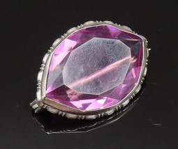 925 Sterling Silver - Vintage Victorian Etched Edge Amethyst Brooch Pin ... - $53.37
