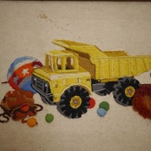 Vintage 60s Colorful Teddy Bear Tonka Truck Child’s Kids Room Needlepoint - £15.94 GBP
