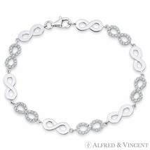CZ Crystal &amp; Plain Infinity Charm 925 Sterling Silver w/ Rhodium Tennis Bracelet - £30.56 GBP