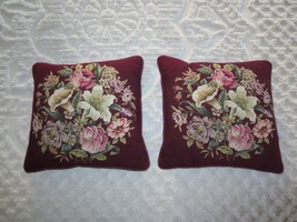 Pair Vtg. Petit Point Floral Bouquet Burgundy Needlepoint Pillows - 14&quot; Sq. Ea. - £39.28 GBP