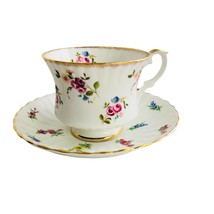 Vintage Tea Coffee Cup 3&quot; Tall and Saucer 5.5&quot; England Pink Blue Flowers  - £20.09 GBP