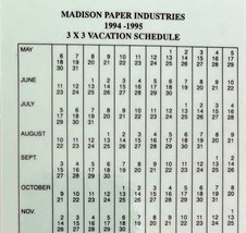 Madison Paper Industries 3x3 Vacation Schedule 1994-95 Laminated Vtg DWKK18 - $19.99