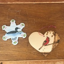 Lot of Wood Burned Heart w Red Cardinal &amp; Painted Ceramic Snowflake w Lo... - £9.02 GBP