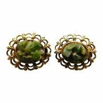 Vintage Clip On Women Earrings Green Agate Clustered Chips Filligree Gold Tone - £7.80 GBP
